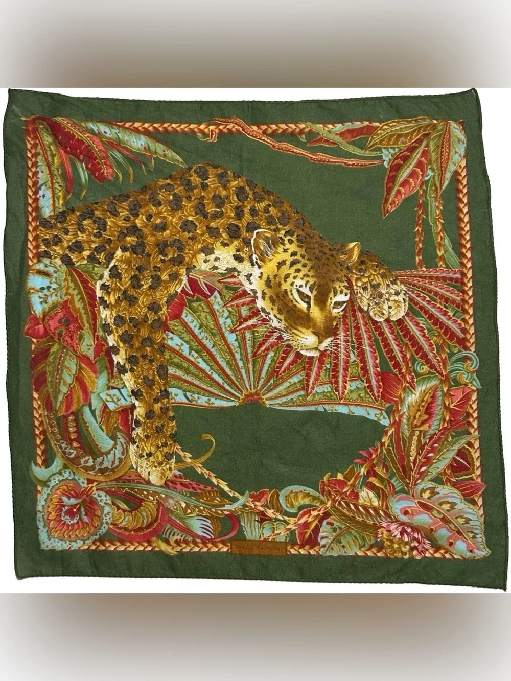 Salvatore Ferragamo Leopard Jungle Gavroche Pocket Square Scarf 42cm Italy